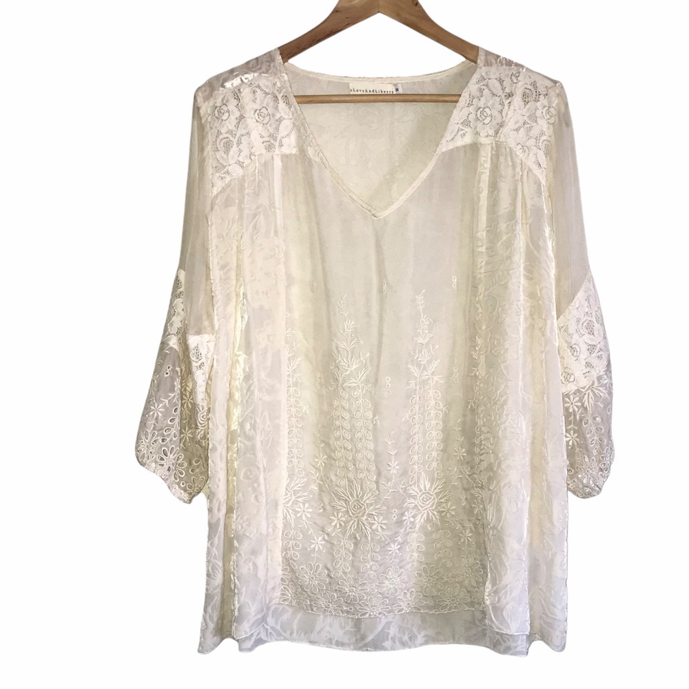Johnny Was Eyelet lace V Neck Blouse Semi sheer size M